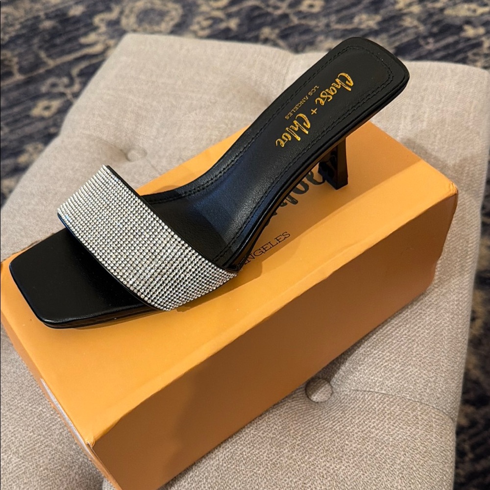 Chase + Chloe Black Slip-On Mule with Rhinestone Strap